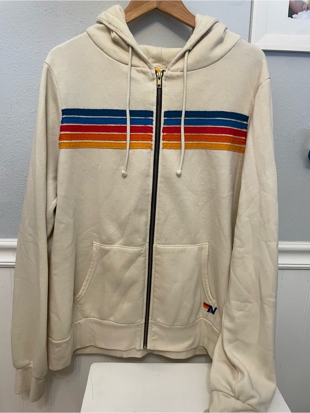 Aviator Nation Cream Zip Hoodie with Blue, Red & Orange Stripes